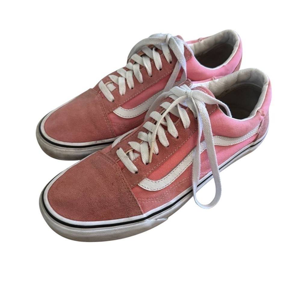 Pink and white Vans sneakers, lace up, suede tips, size 9.5 M or 11 W.